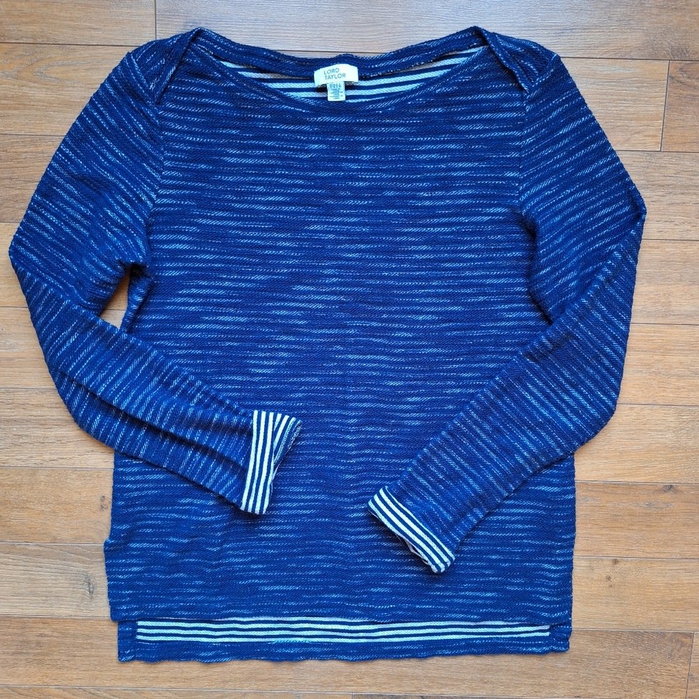 Lord + Taylor Blue Cotton Blend Striped Long Sleeve Top